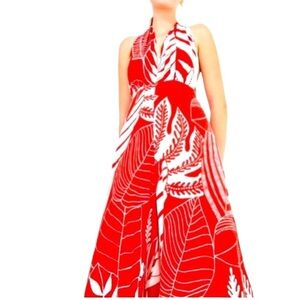 FARM Rio Red Palm Leaf Wide Leg Halter Jumpsuit Medium